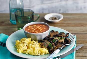 Scrambled Eggs, Mushrooms And Baked Beans Brekkie