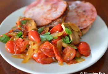 Canadian Bacon With Sweet Tomatoes And Mushrooms On A Wholegrain English Muffin