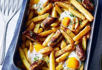 Sausage, Chips And Dippy Egg Bake