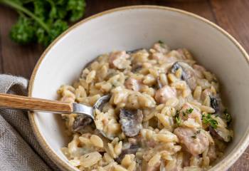 One Pot Creamy Ham Mushroom Orzo