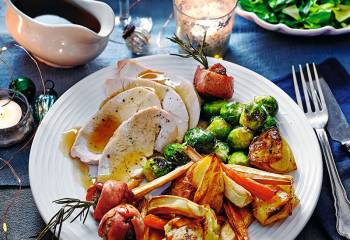 Turkey With Roasted Roots, Stuffing Parcels And Parmesan Sprouts