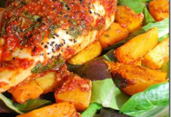 Basil And Red Pepper Topped Chicken With A Roasted Butternut Squash Salad