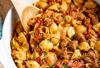 Sausage, Balsamic Tomatoes And Onion With Orecchiette