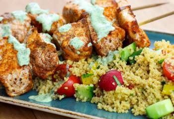 Low Syn Cumin Dusted Salmon Skewers With Moroccan Style Cous Cous