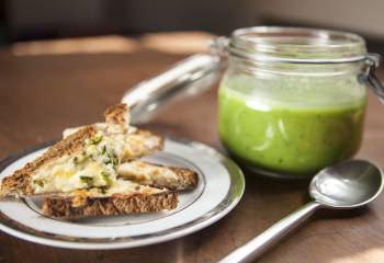 Pea And Mint Soup With Green Chilli Cheese Toasties