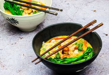 Spicy Malaysian Laksa Soup With Grilled Prawns & Tenderstem Broccoli
